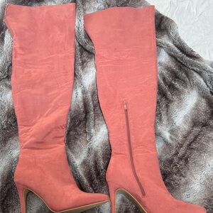 Women's Tall Suede Knee-High Boots in Coral Pink
